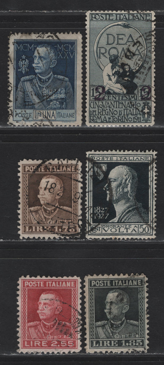 Lot 219 Italy SC#128, 176a, 189, 193-195 2c on 15c - 2.55l Slate - Brown Carmine Glory of Rome - Victor Emmanuel III, 1913-1929 Surcharges - Emmanuel III Issues, 6 Very Fine Used Singles, Includes 1l Dark Blue Perf 13.5