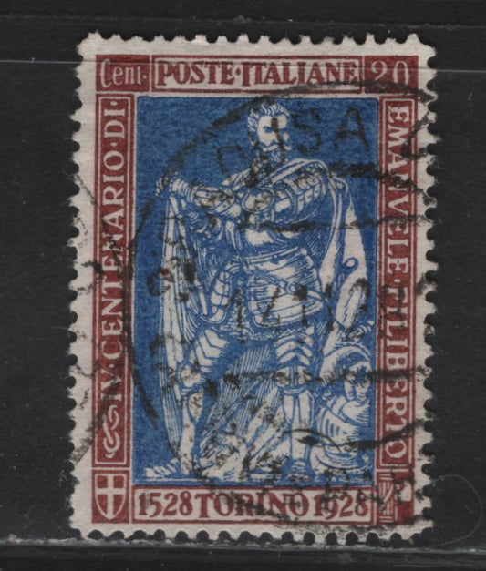 Lot 220 Italy SC#201a 20c Red Brown & Ultramarine Emmanuel Philibert, 1928 Philibert Issue, A Very Fine Used Single, Mint & Used Are Same Price, Scarce Perf 13.5