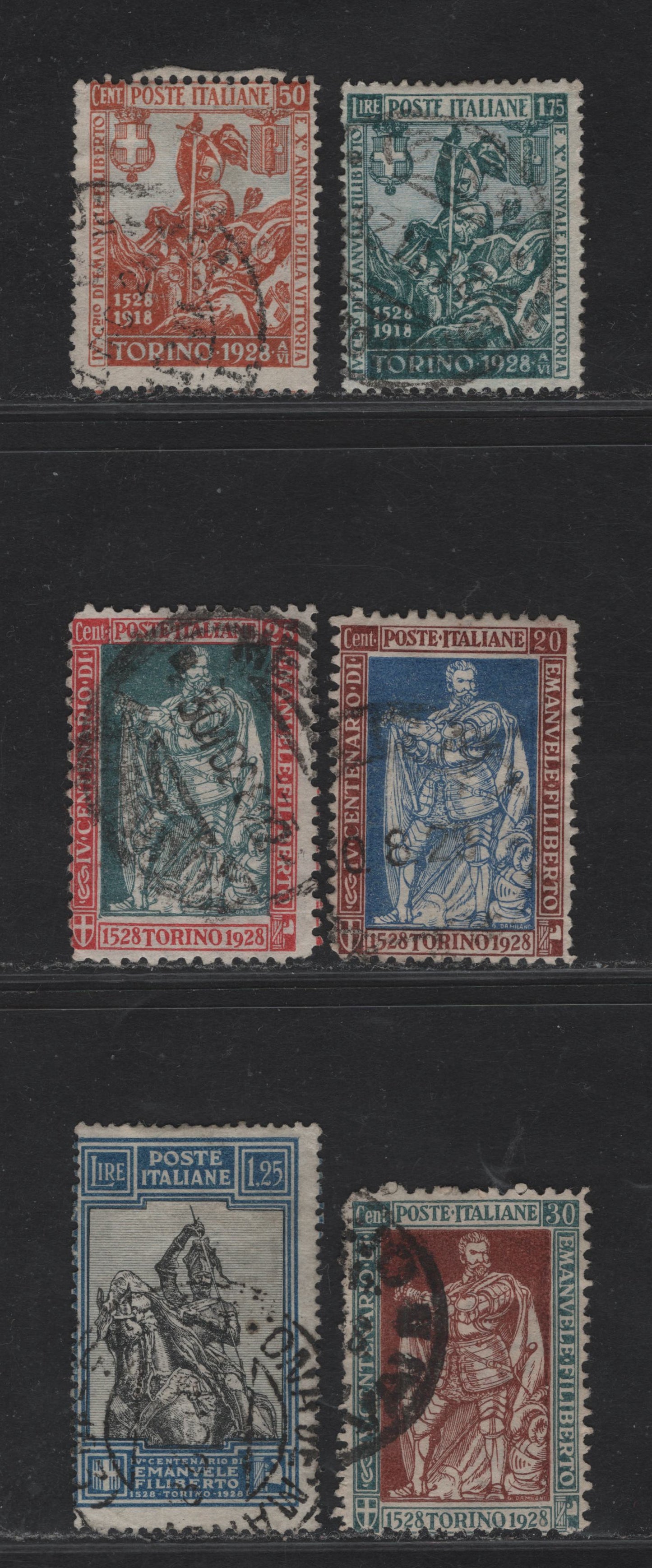 Lot 223 Italy SC#201-204, 206-207 20c - 1.25l Red Brown & Ultramarine - Blue & Black Emmanuel Philibert -Philibert & Soldier, 1928 Philibert Issue, 6 Fine Used Singles, Cancels On 20c, 25c & 30c Look Okay, Though They Are Heavier