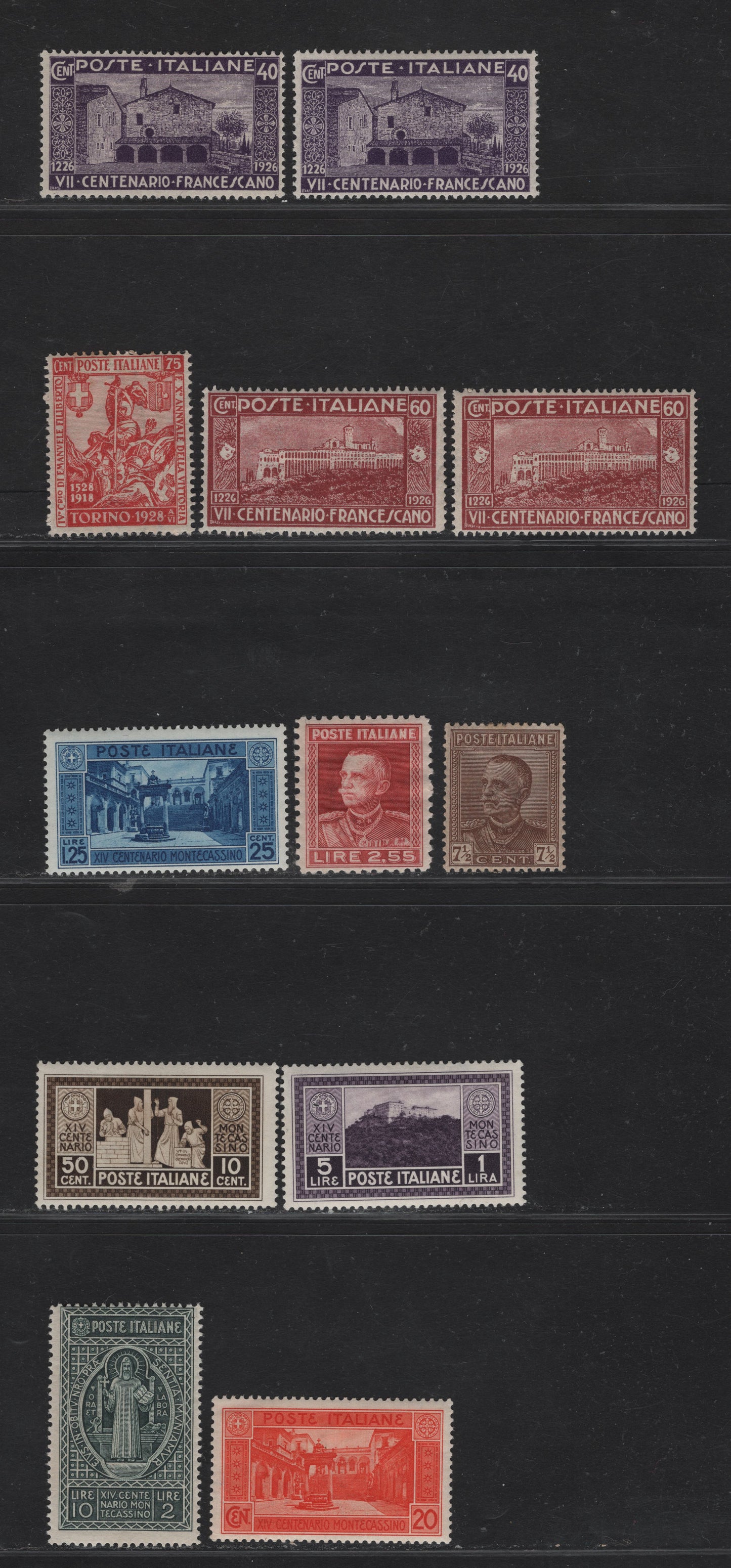 Lot 224 Italy SC#179-180, 195, 197, 205, 232, 234a, 236-238 40c - 10l+2l Dark Violet - Slate Green Monastery of St Damien - St Benedict of Nursia, 1926-1929 St Francis- Abbey of Monte Cassino Issues, 12 F/VFOG Singles, Additional Shades of 179 & 180