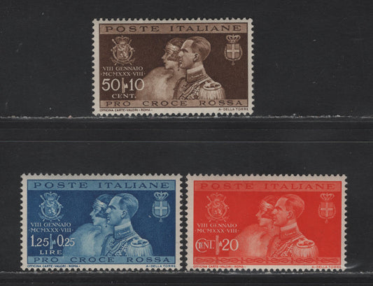 Lot 225 Italy SC#239-241 20c - 1.25l+0.25c Orange Red - Deep Blue Prince Humbert & Princess Marie Jose, 1930 Royal Marriage Issue, 3 VFOG Singles