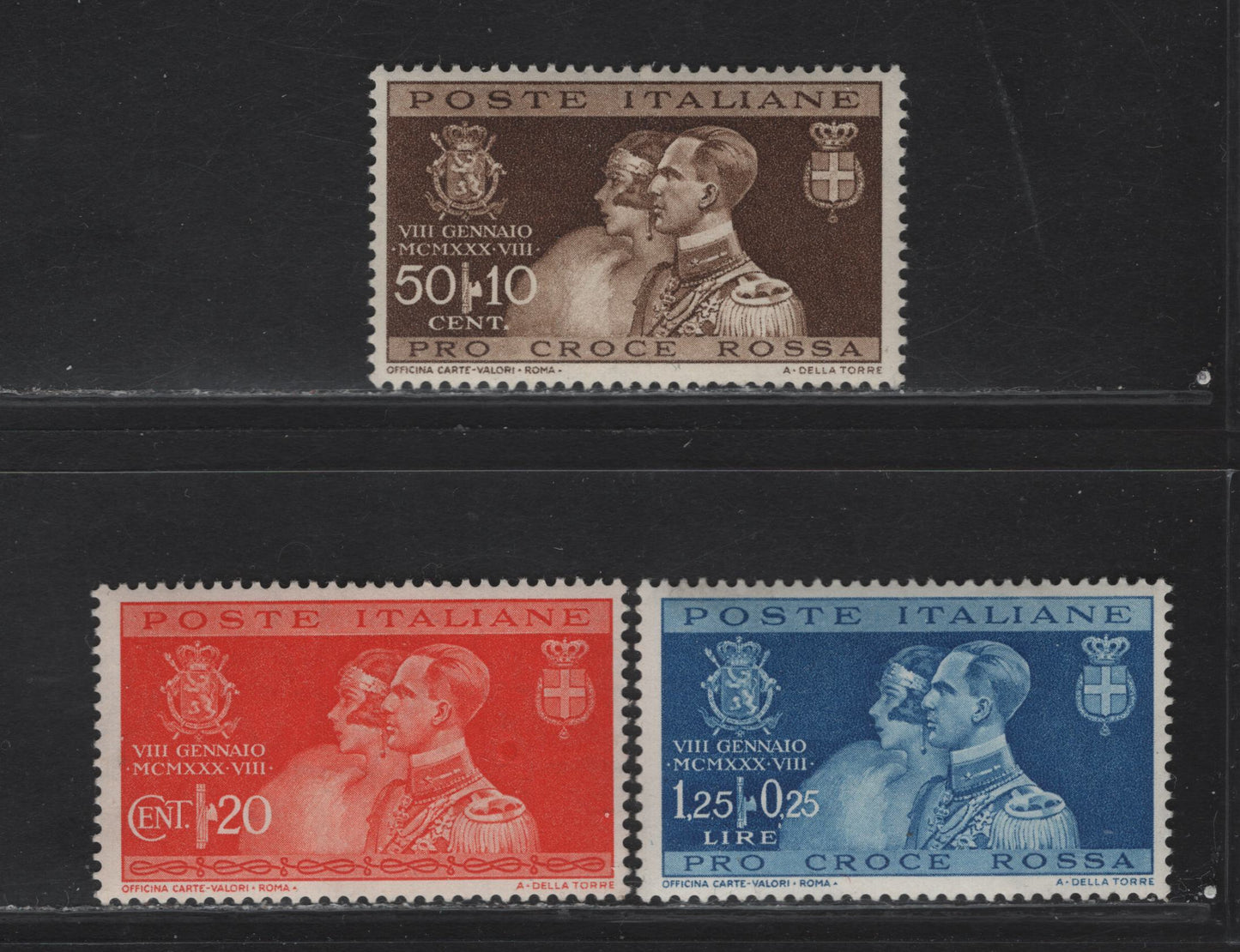 Lot 226 Italy SC#239-241 20c - 1.25l+0.25c Orange Red - Deep Blue Prince Humbert & Princess Marie Jose, 1930 Royal Marriage Issue, 3 FOG Singles
