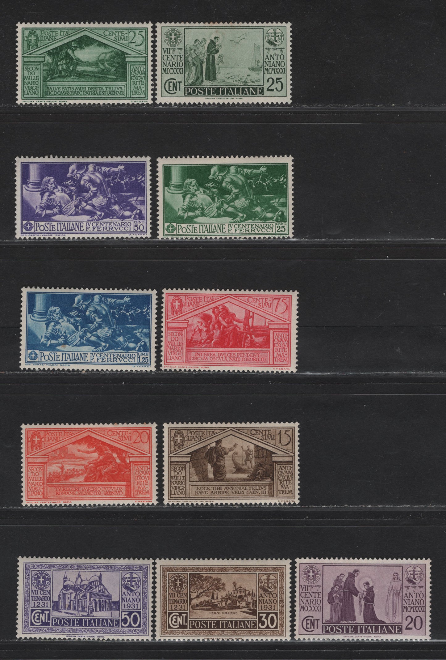 Lot 227 Italy SC#243-245, 248-250, 253, 258-261 25c - 50c Deep Green - Violet Fabrizio Killing Ferrucci - Olivares Hermitage, 1930-1931 Ferrucci - St Anthony of Padoa Issues, 11 F/VFOG Singles