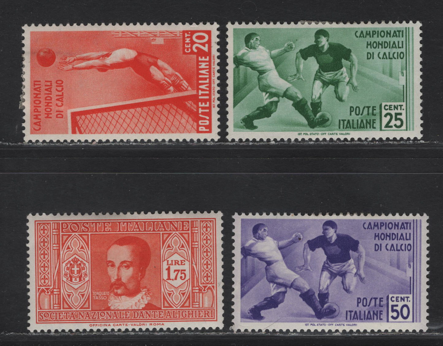 Lot 228 (C) Italy SC#276, 324-326 1.75l - 50c Orange - Violet Torquato Tasso - Players, 1932-1934 Dante Alighieri Society - 2nd World Soccer Championship Issues, 4 VFOG Singles