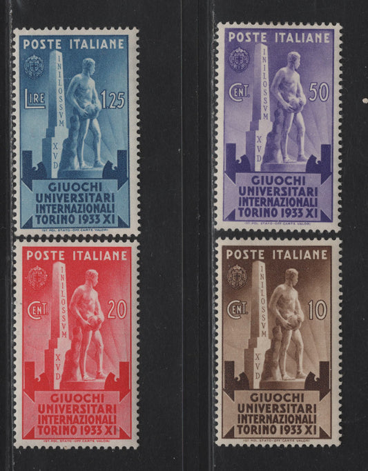 Italy SC#306-309 10c - 1.25l Dark Brown - Blue Statue of Athlete, 1933 Int'l University Games Turin Issue, 4 F/VFOG Singles