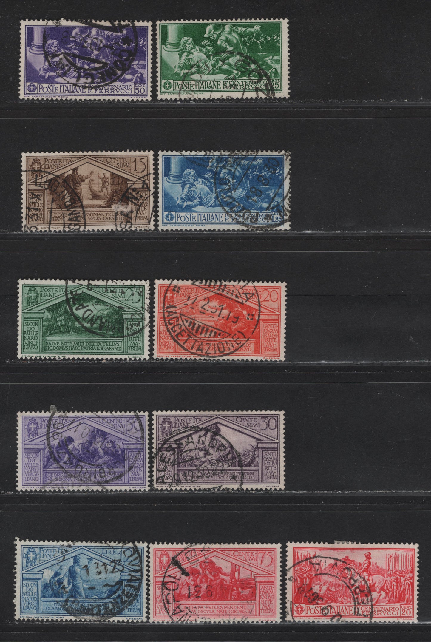 Italy SC#242-245, 248-254 20c - 1.25l Rose Red - Deep Blue Ferrucci Leading His Army - Anchises & His Sailors, 1930 Ferrucci - Bimillenary Of Virgil's Birth Issues, 11 Fine/Very Fine Used Singles