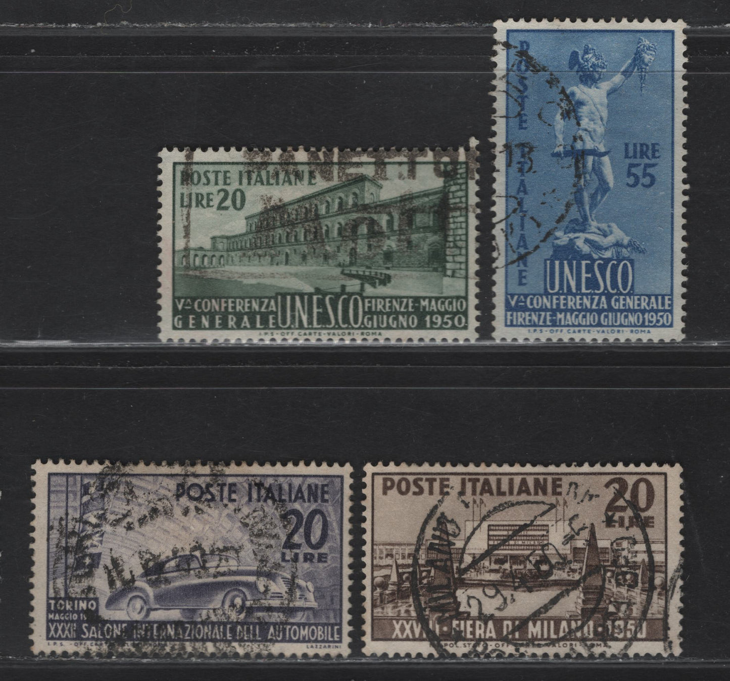 Lot 23 Italy SC#531-534 20l - 35l Brown - Blue Milan Science Fair - Perseus, 1950 Milan Trade Fair - UNESCO Conference Issues, 4 Fine/Very Fine Used Singles