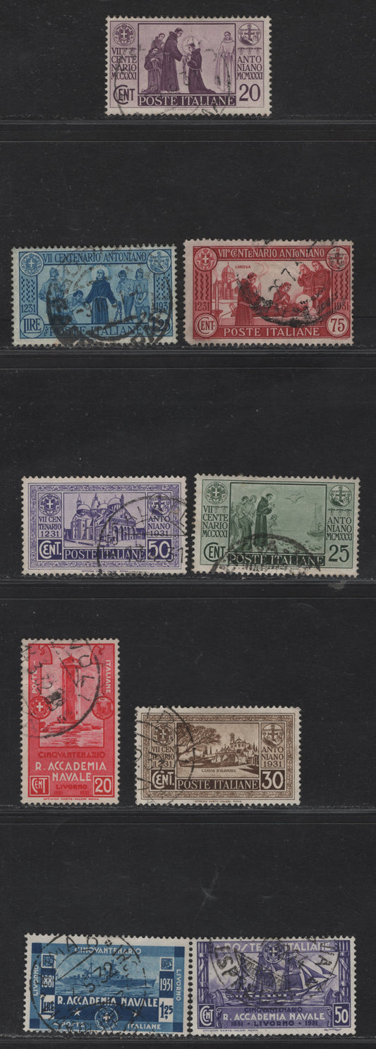 Italy SC#258-263, 265-267 20c - 1.25l Dull Violet - Dark Blue St Anthony - Crusier 'Trento", 1931 St Anthony - Royal Naval Academy At Leghorn 50th Anniv Issues, 9 Fine/Very Fine Used Singles