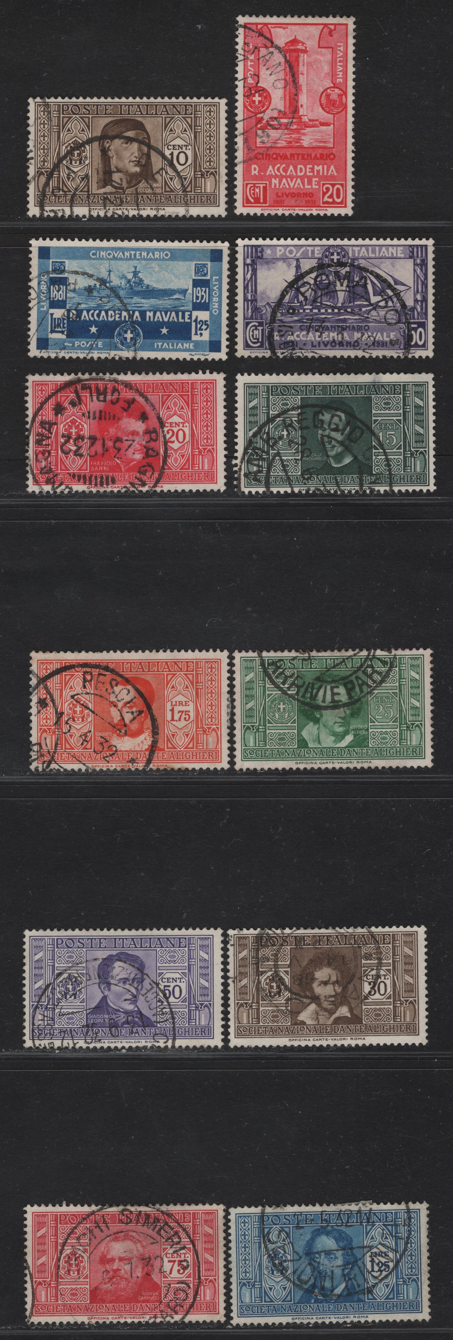 Lot 234 Italy SC#265-276 20c - 1.75 Rose Red - Orange Tower of Meloria - Torquato Tasso, 1931-1932 Royal Naval Academy At Leghorn 50th Anniv - Dante Alighieri Society Issues, 12 VFOG Singles
