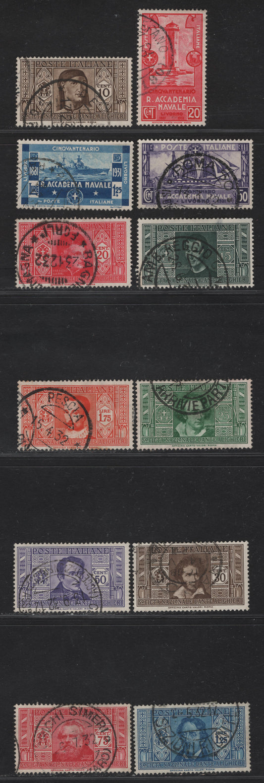 Lot 234 Italy SC#265-276 20c - 1.75 Rose Red - Orange Tower of Meloria - Torquato Tasso, 1931-1932 Royal Naval Academy At Leghorn 50th Anniv - Dante Alighieri Society Issues, 12 VFOG Singles