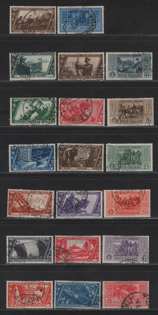 Lot 235 Italy SC#280-286, 290-302 10c - 1.75l Gray Black - Orange View of Caprera - Flag, 1932 Garibaldi - March on Rome Issues, 20 Fine/Very Fine Used Singles