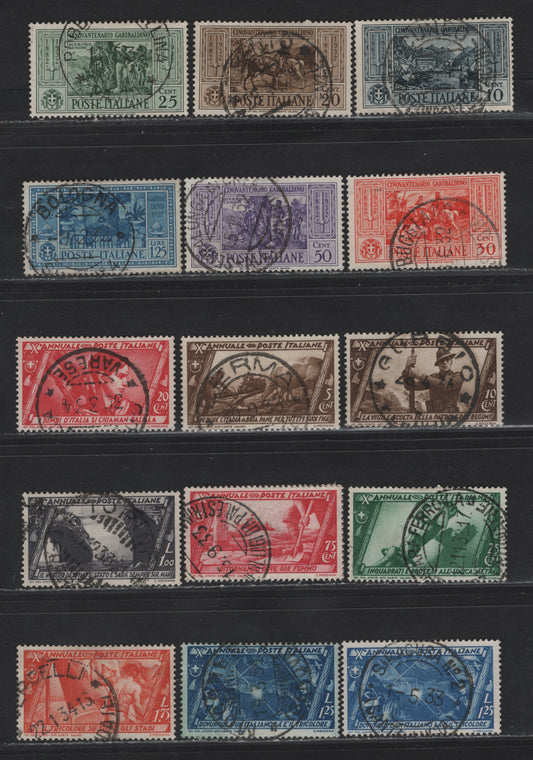 Lot 236 Italy SC#280-284, 286, 290-291, 293-294, 297, 299-302 10c - 1.75l Gray Black - Orange View of Caprera - Flag, 1932 Garibaldi - March on Rome Issues, 15 Very Fine Used Singles, Cancels With Dates, All Within 1-2 Years Of Issue, 2 Shades Of #301.