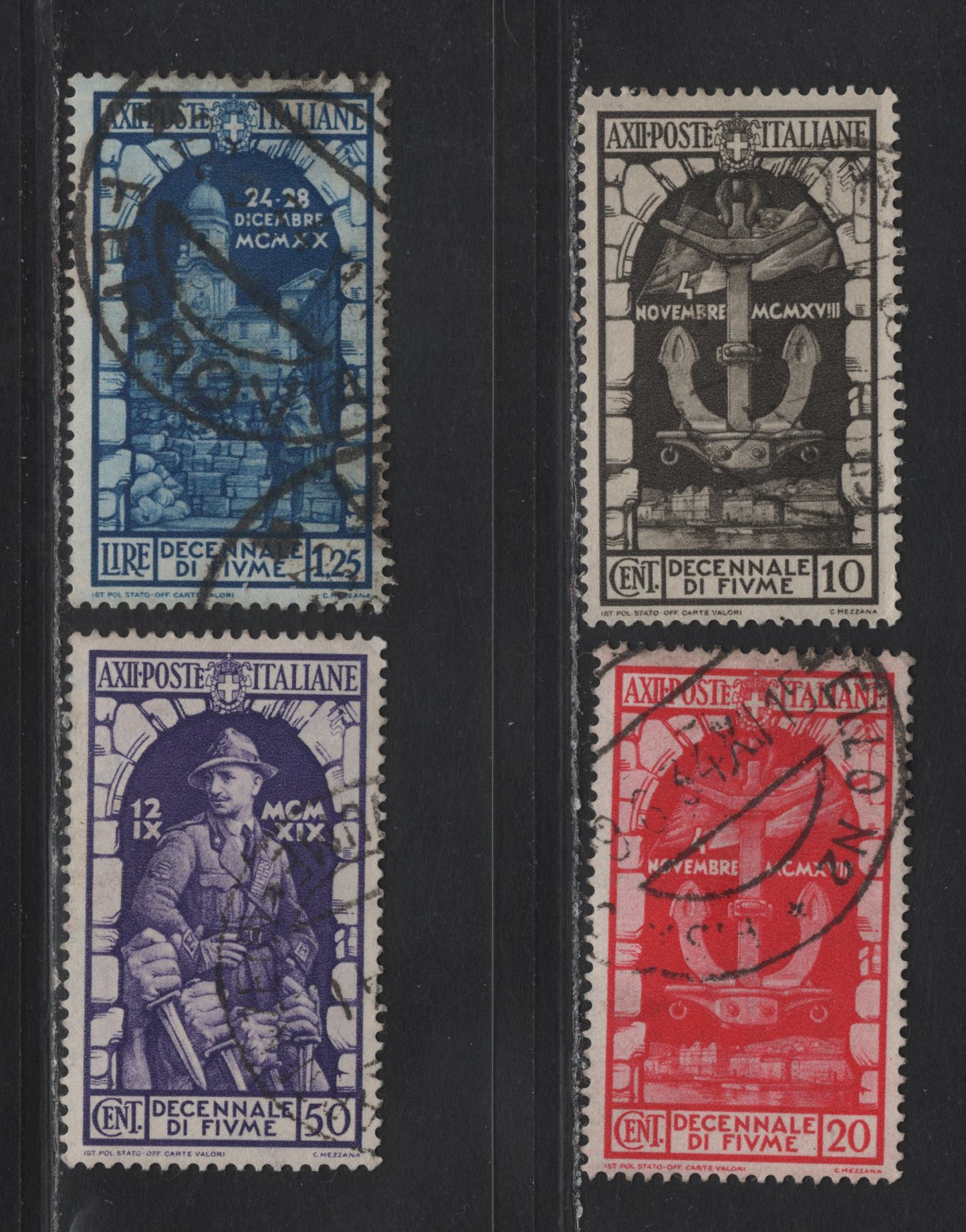 Lot 238 Italy SC#315-318 10c - 1.25l Dark Brown - Blue Anchor of The Emanuele Filiberto - St Vito's Tower, 1934 10th Anniv of Annexation of Fiume Issue, 4 Very Fine Used Singles, Cancel on 1.25l Is Dated 1934, Appears to be Contemporary
