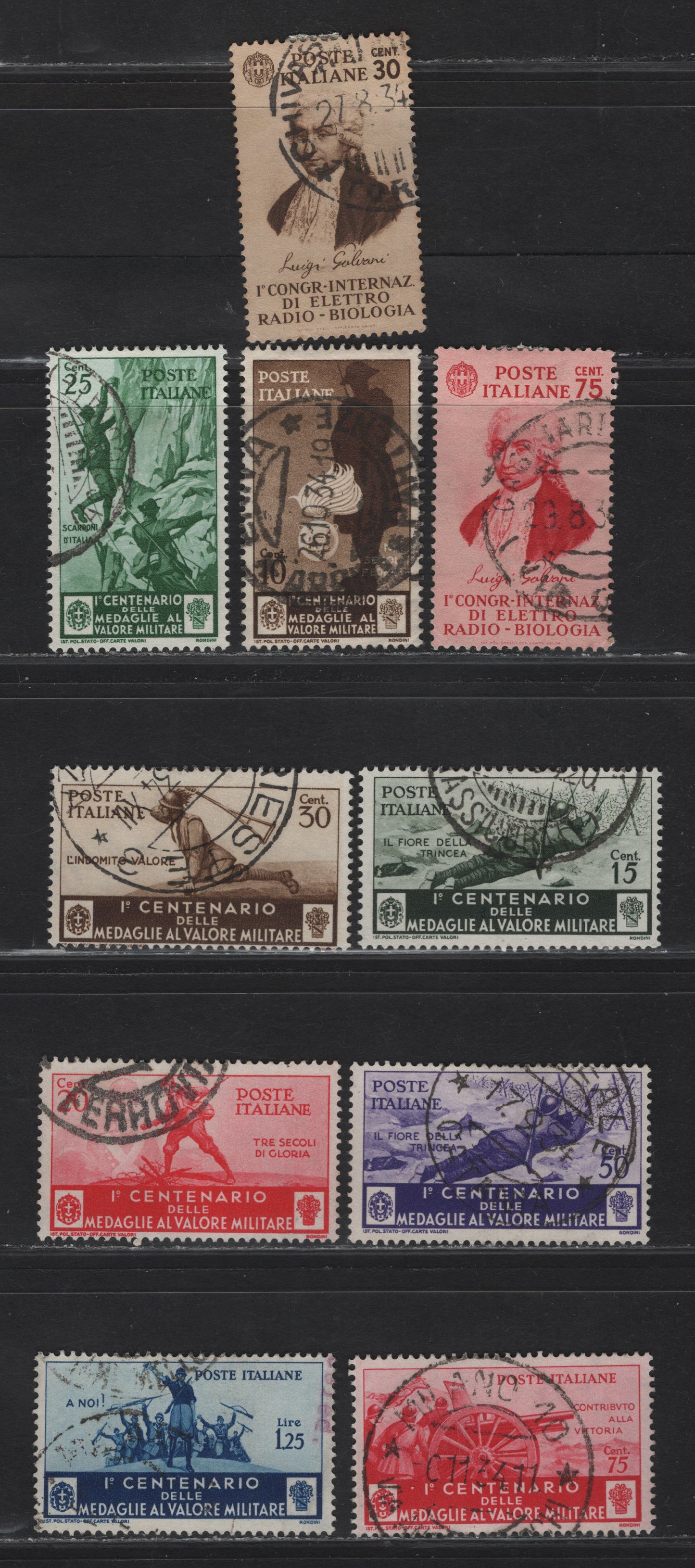 Lot 239 Italy SC#329-338 30c - 1.25 Brown on Buff - Dark Blue Luigi Galvani - Acclaiming the Service, 1934 Galvani - Military Medal of Valour Issues, 10 Very Fine Used Singles