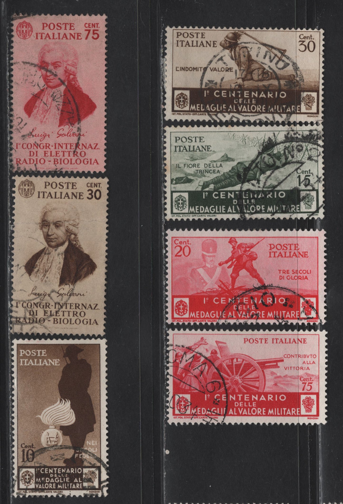 Lot 240 Italy SC#329-333, 335, 337 30c - 75c Brown on Buff - Carmine Rose Luigi Galvani - Artillery, 1934 Galvani - Military Medal of Valour Issues, 7 Fine/Very Fine Used Singles