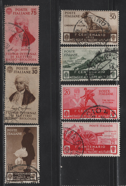 Lot 240 Italy SC#329-333, 335, 337 30c - 75c Brown on Buff - Carmine Rose Luigi Galvani - Artillery, 1934 Galvani - Military Medal of Valour Issues, 7 Fine/Very Fine Used Singles