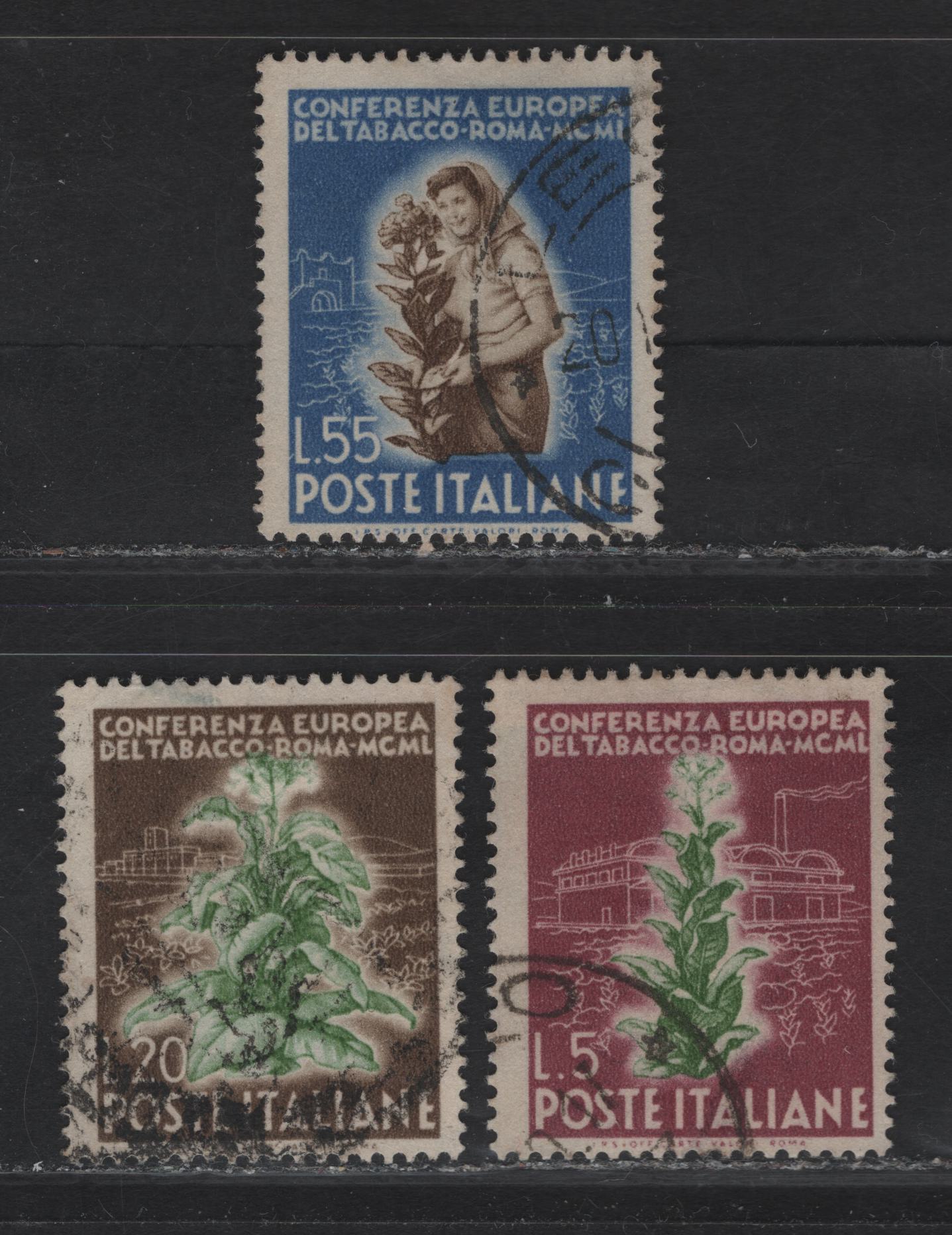 Lot 24 Italy SC#544-546 5l - 55l Deep Claret & Green - Deep Ultramarine & Brown Tobacco Plant, 1950 European Tobacco Conference Issue, 3 Fine Used Singles