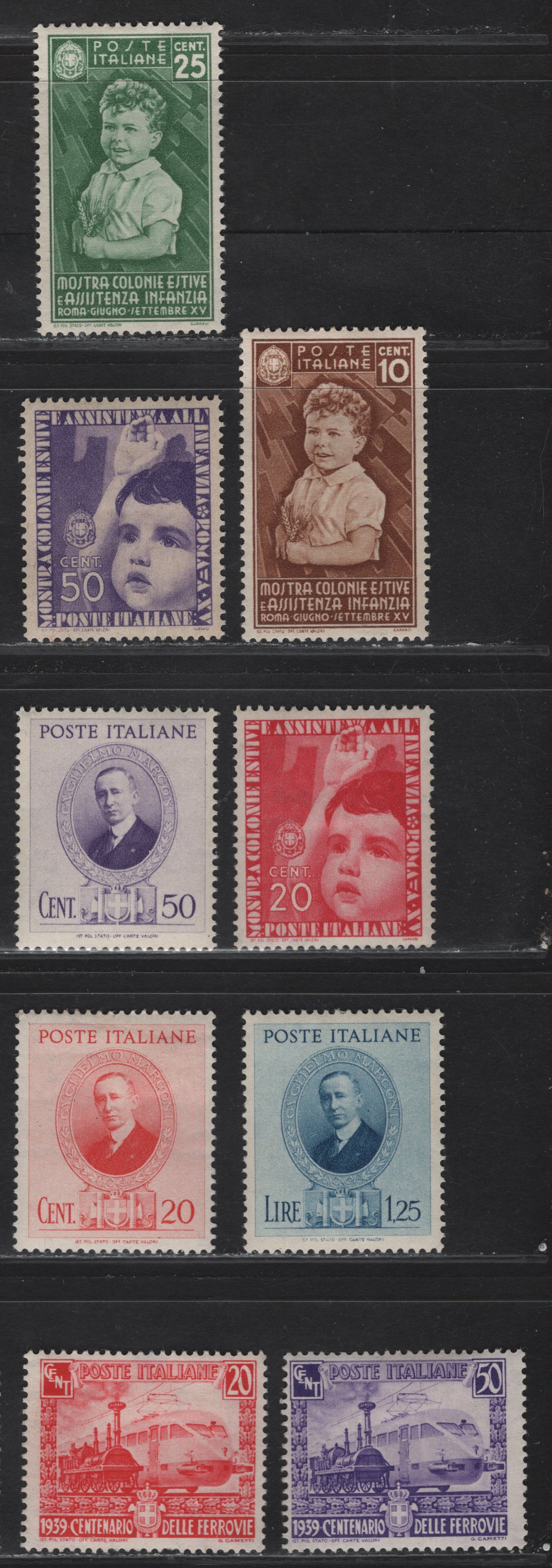 Lot 241 Italy SC#367-369, 371, 397-399, 410-411 10c - 50c Yellow Brown - Bright Violet, 1937-1939 Summer Exhibition for Child Welfare - Railroad Centenary Issues, 9 F/VFOG Singles, Some Gum Toning On Child Welfare Set