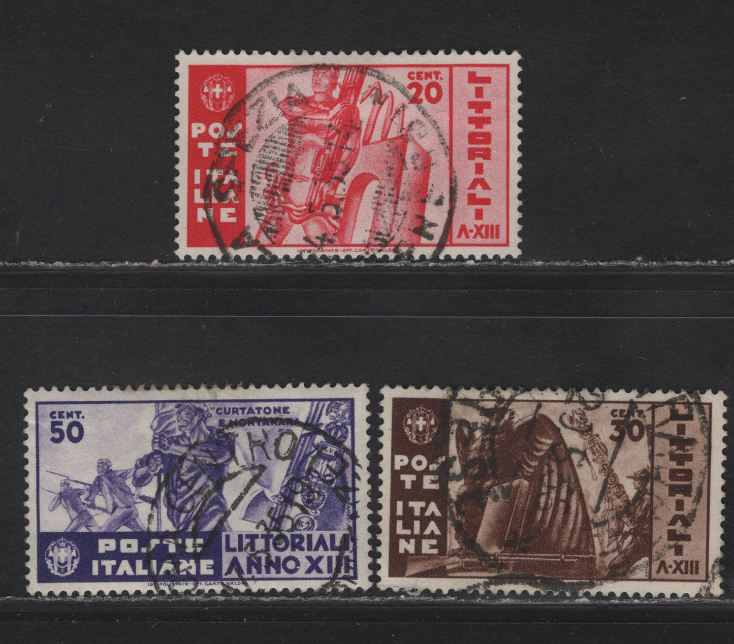 Lot 242 Italy SC#342-344 20c - 50c Rose Red - Purple Man Holding Fasces - Standard Bearer, Bayonet Attack, 1935 University Contests Issue, 3 Very Fine Used Singles, Dated Postal Cancels