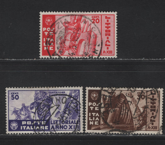 Lot 242 Italy SC#342-344 20c - 50c Rose Red - Purple Man Holding Fasces - Standard Bearer, Bayonet Attack, 1935 University Contests Issue, 3 Very Fine Used Singles, Dated Postal Cancels