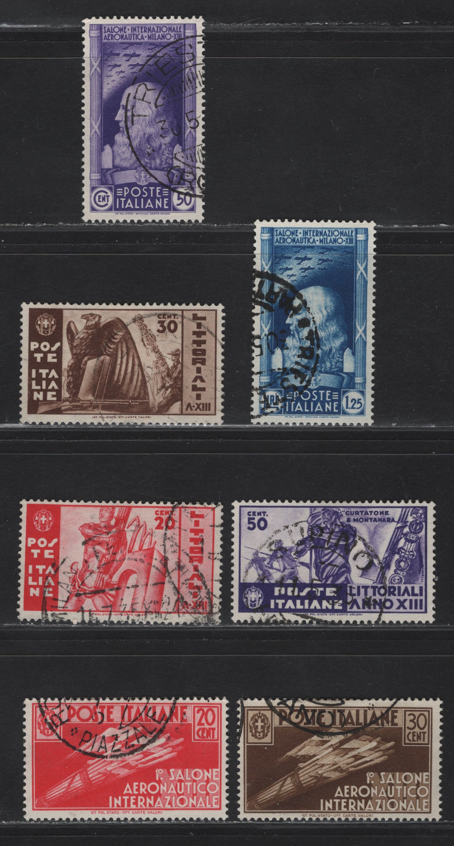 Lot 243 Italy SC#342-348 20c - 1.25l Rose Red - Dark Blue Man Holding Fasces - Da Vinci, 1935 University Contests - Intl Aeronautical Salon Issues, 7 Fine/Very Fine Used Singles, Cancel on #343 May Not Be Genuine