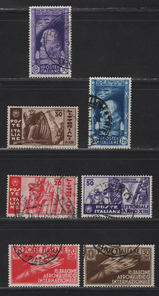 Lot 243 Italy SC#342-348 20c - 1.25l Rose Red - Dark Blue Man Holding Fasces - Da Vinci, 1935 University Contests - Intl Aeronautical Salon Issues, 7 Fine/Very Fine Used Singles, Cancel on #343 May Not Be Genuine