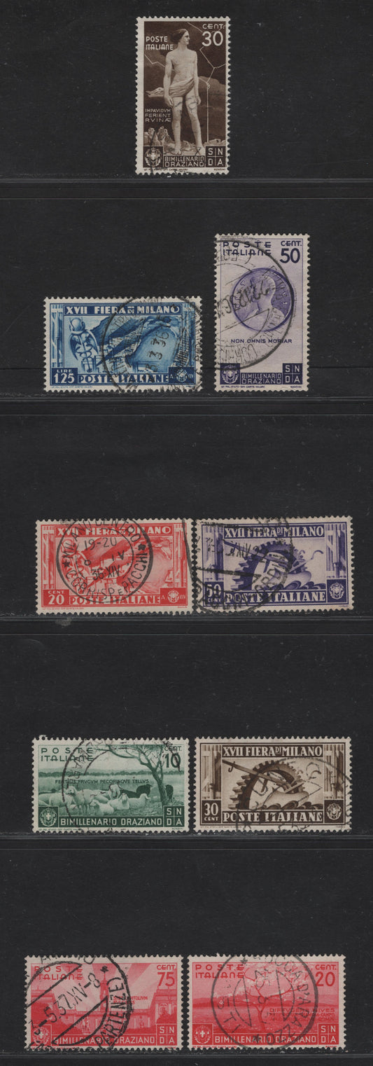Lot 246 Italy SC#355-363 20c - 75c Red - Rose Red Map of Italian Industries - Capitol, 1936 17th Milan Trade Fair - Flaccus Issues, 9 Fine/Very Fine Used Singles