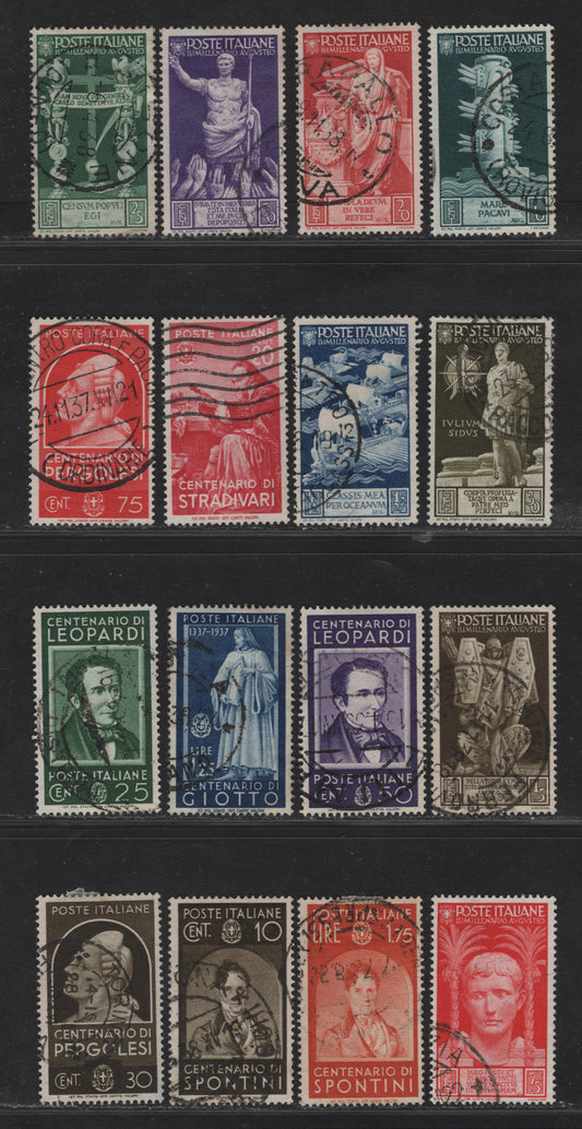Lot 247 Italy SC#377-384, 387-394 10c - 1.25l Myrtle Green - Dark Blue Army Trophies - Giotto di Bondore, 1937 Bimillenary Of Birth of Ceasar - Centennials of Spotini,Stradivarius, Leopardi, Pergolesi & Giotto Issues, 16 Fine/Very Fine Used Singles