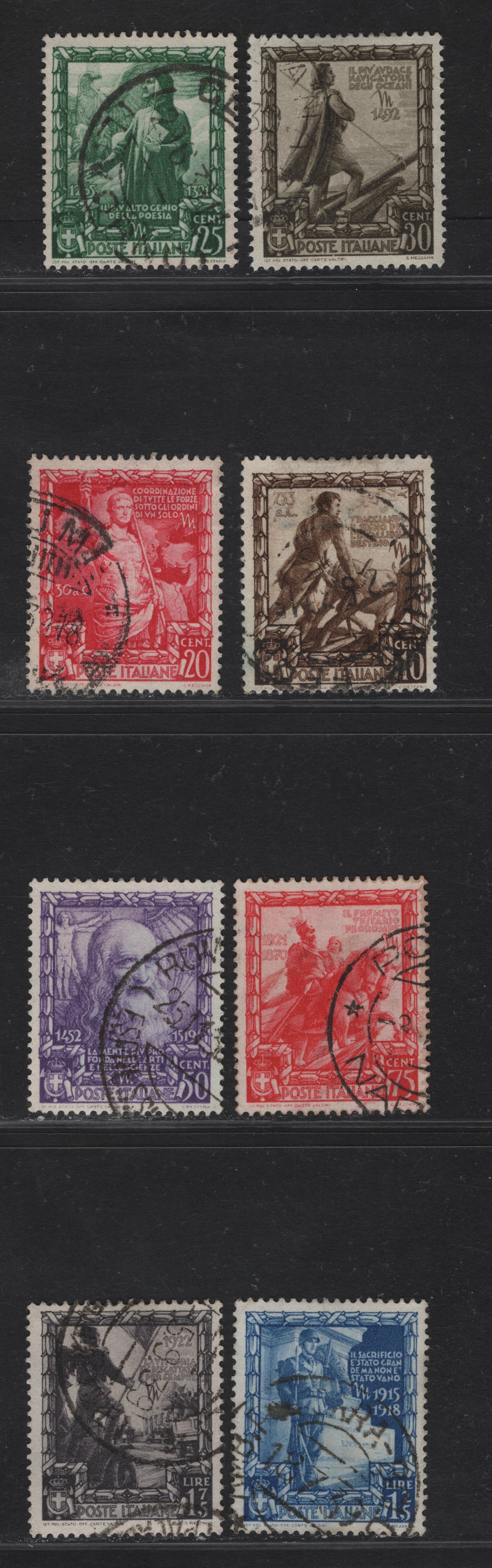 Lot 248 Italy SC#400-407 10c - 1.75l Brown - Violet Black Romulus Plowing - Blackshirts March On Rome, 1938 Proclamation of Empire Issue, 8 Very Fine Used Singles