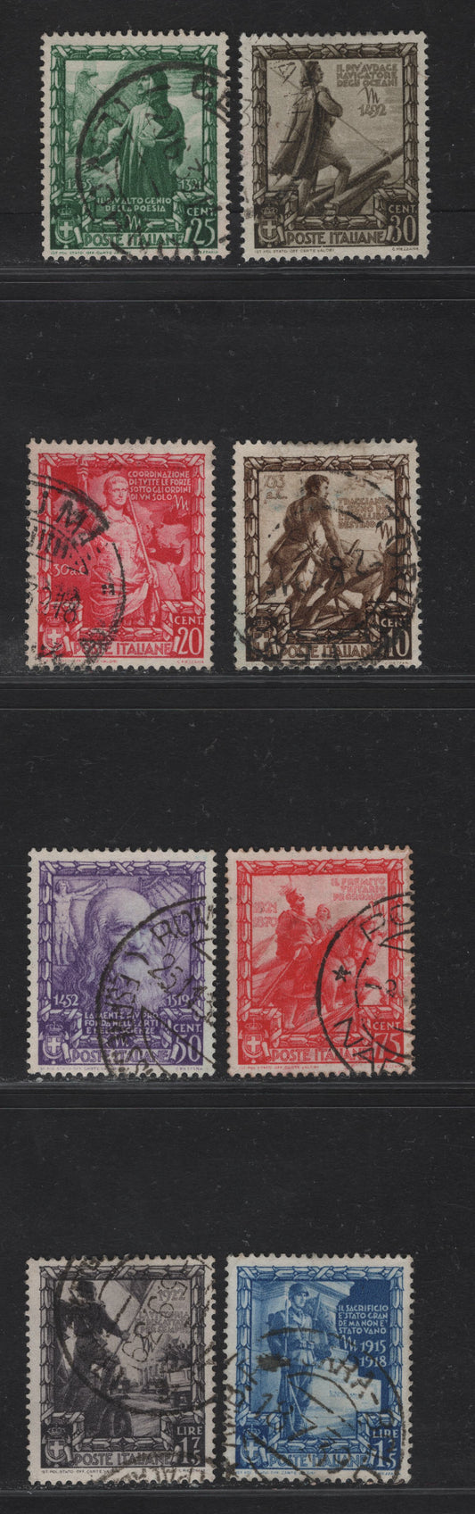 Lot 248 Italy SC#400-407 10c - 1.75l Brown - Violet Black Romulus Plowing - Blackshirts March On Rome, 1938 Proclamation of Empire Issue, 8 Very Fine Used Singles
