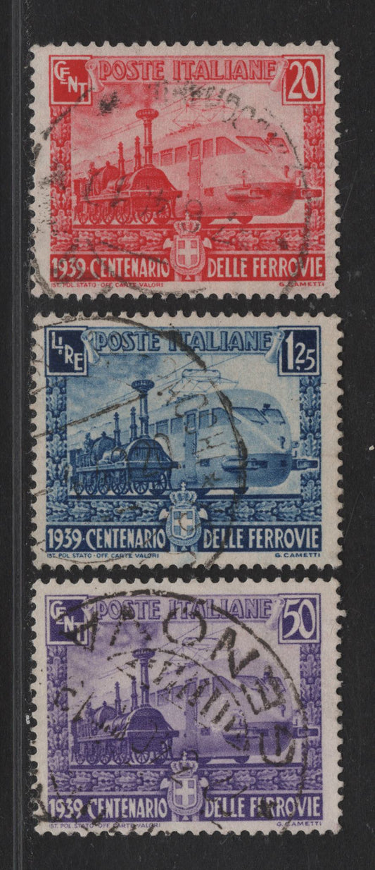 Lot 250 Italy SC#410-412 20c - 1.25l Rose Red - Deep Blue Wood Burning Engine & Streamlined Electric Engine, 1939 Railway Centenary Issue, 3 Very Fine Used Singles