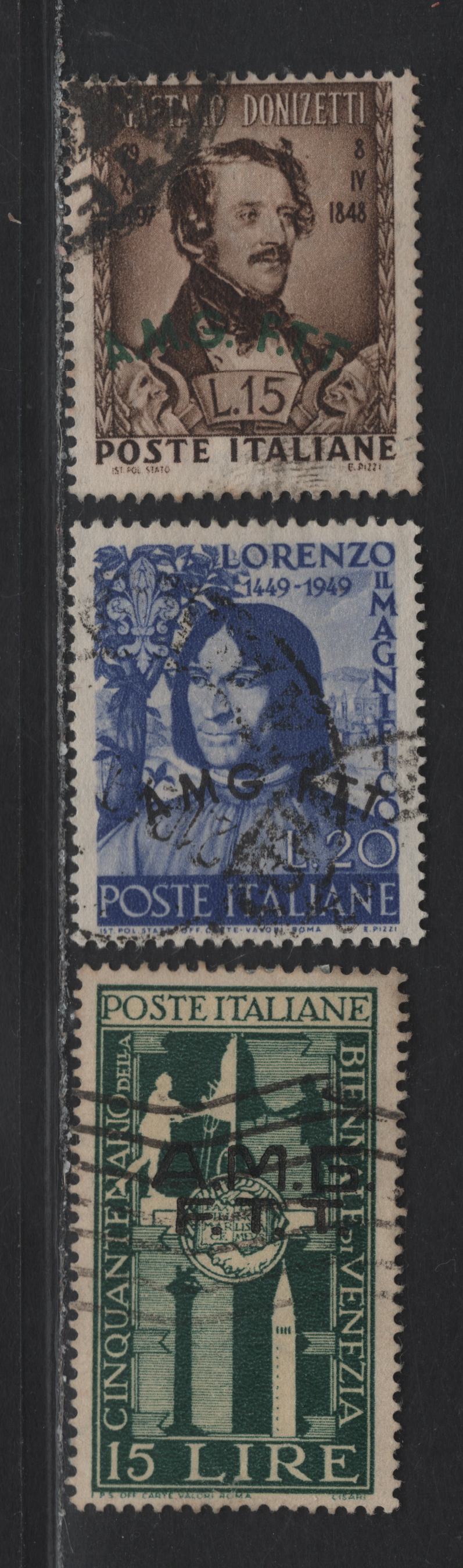Lot 32 Italy - Trieste SC#34, 37, 50 15l - 20l Dark Brown - Violet Blue Gaetano Donizetti - Lorenzo de Medici, 1948-1949 Donizetti - De Medici Issues, 3 Fine/Very Fine Used Singles