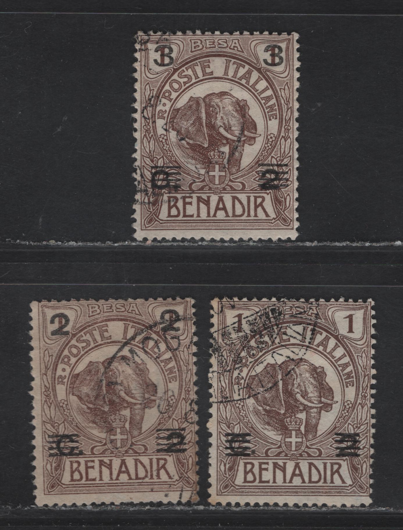 Lot 37 Somalia SC#40-42 1b - 3b on 2c on 1b Brown - Brown Elephant, 1923 Surcharges On Elephant Definitives, 3 Very Good/Fine Used Singles, #40 Appears to be CTO, #42 Cannot Tell If Cancel is Genuine, #41 Looks Genuine.