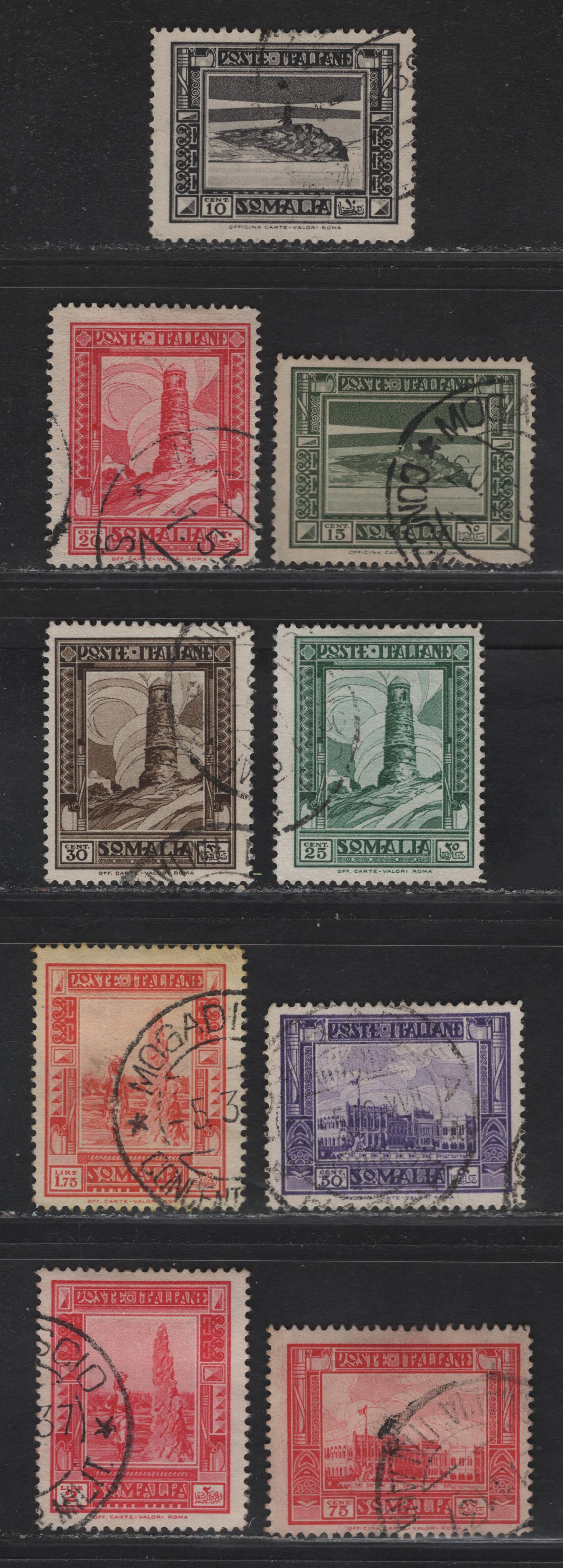 Lot 39 Somalia SC#140a-144a, 146a-147a, 149a-150a 10c - 2l Gray Black - Carmine Lighthouse at Cape Fuardafui - Termite nest, 1934-1939 Pictorial Definitives, 9 Fine/Very Fine Used Singles, Perf 14
