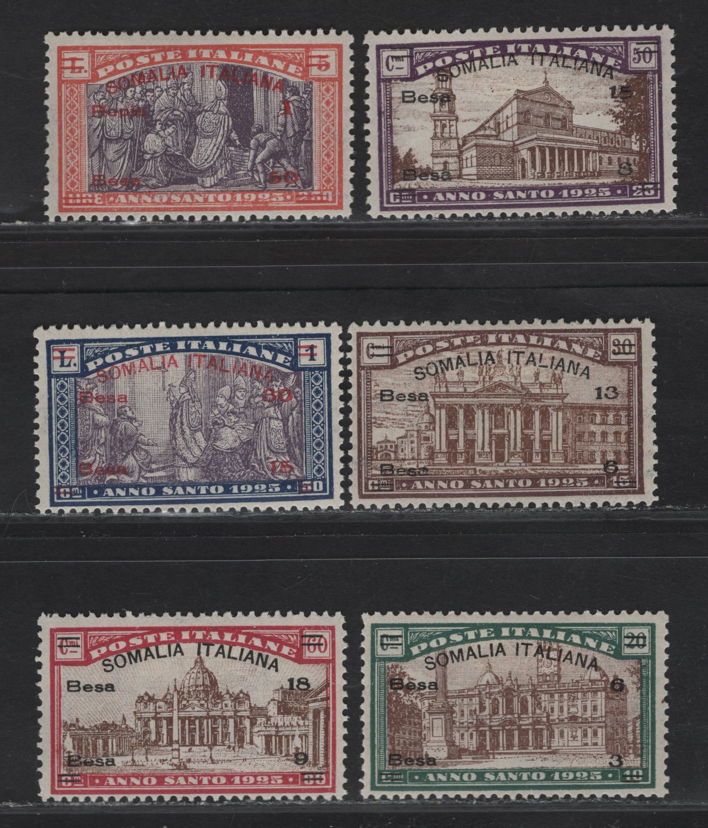 Lot 41 Somalia SC#B5-B10 6c+3b on 20c+10c - 1r+30b on 5l+2.50l Green & Brown - Vermillion & Purple St Maria Maggiore - Pope Opening Holy Door, 1925 Holy Year Semi Postal Issue, 6 F/VFOG Singles