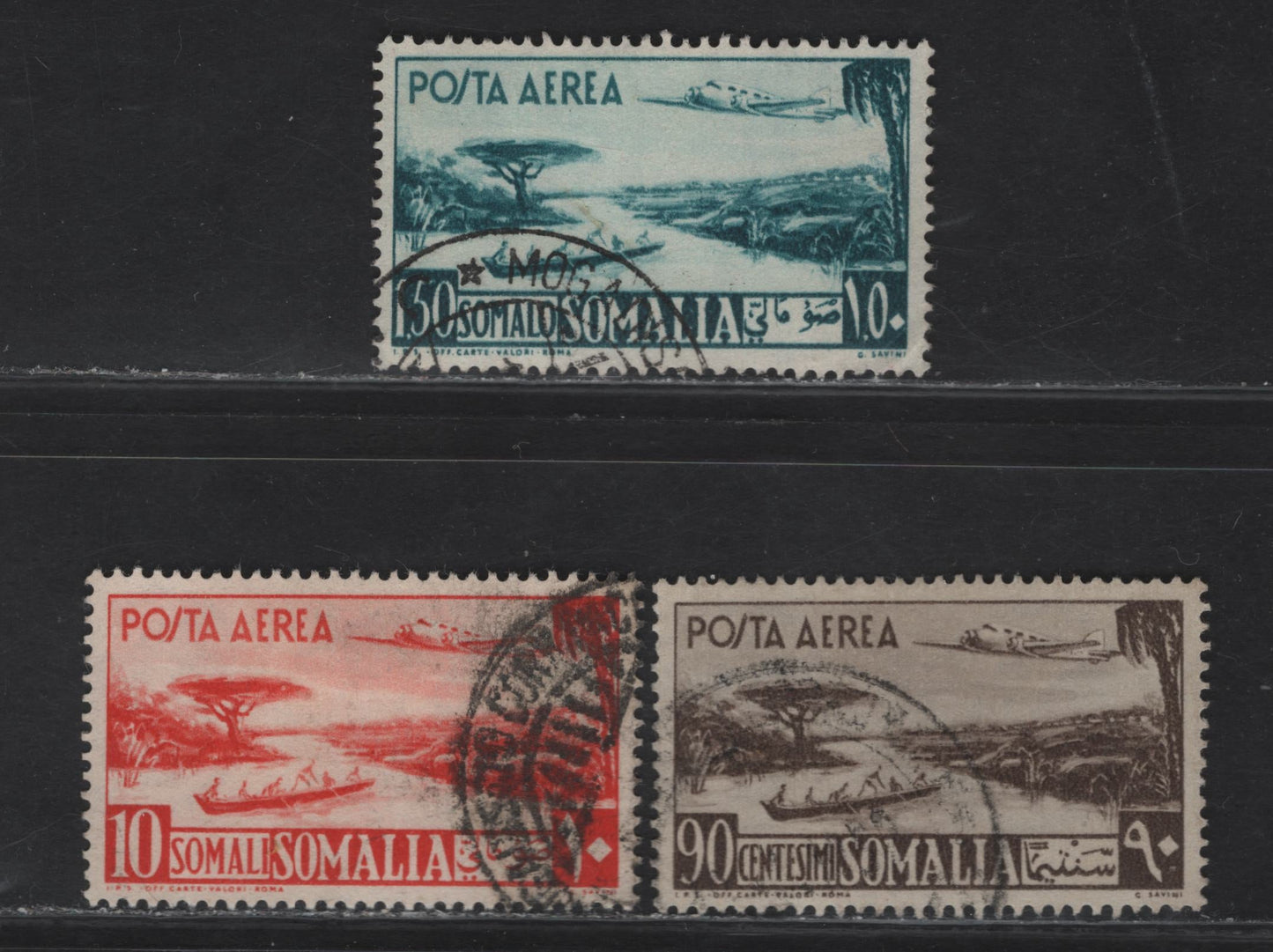 Lot 44 Somalia SC#C21, C24, C27 90c - 10s Olive Brown - Red Orange River, 1950-1951 Pictorial Airmail Issue, 3 Fine/Very Fine Used Singles, 1.50s Has A Corner Crease At LR