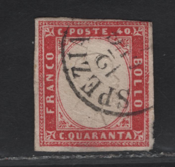 Lot 6 Sardinia SC#13b 40c Carmine Victor Emmanuel II, 1855-1863 Embossed Victor Emmanuel II Issue, A Fine Used Imperf Single, Margins Clear To Just Touching At UR