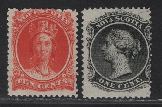 Lot 69 (C) Nova Scotia #8a, 12 1c - 10c Black - Vermillion Queen Victoria, 1860-1863 Cents Issue, 2 VG/FNH Singles, Perf 11.75x12 (1c) on White Cents-N Paper, Perf 13.75 (10c) On White Cents-L Paper