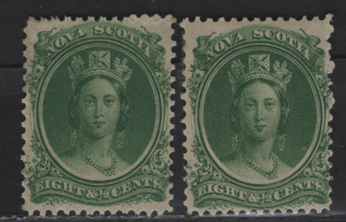 Lot 71 (C) Nova Scotia #11 8.5c Green Queen Victoria, 1860-1863 Cents Issue, 2 F/VFOG Singles, Cents-G Paper, Perfs 11.75 & 12x11.75
