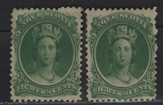 Lot 71 (C) Nova Scotia #11 8.5c Green Queen Victoria, 1860-1863 Cents Issue, 2 F/VFOG Singles, Cents-G Paper, Perfs 11.75 & 12x11.75