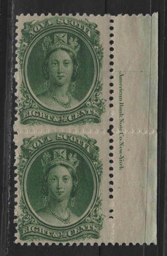 Lot 72 (C) Nova Scotia #11 8.5c Green Queen Victoria, 1860-1863 Cents Issue, A VFNH Imprint Pair, Cents-F Paper, Perf 11.75x12, Showing Guidelines & Guide Dots In Right Margins.