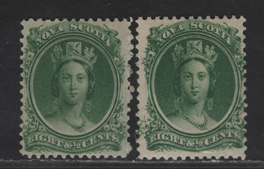 Lot 74 (C) Nova Scotia #11, 11a 8.5c Green & Deep Green Queen Victoria, 1860-1863 Cents Issue, 2 FNH Singles, Cents-F (Grayish Paper) & Cents-Q (Deep Green on Thick White Paper), Perf 11.75