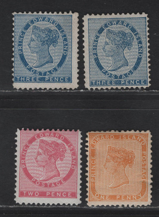 Lot 77 (C) PEI #4-6 1d - 3d Yellow Orange - Blue Queen Victoria, 1862-1865 2nd Pence Issue, 3 VG/FOG & Unused Singles, Perfs 12x11.75 (1d & 2d) & 11.75 (3ds), Small Thin on 1d, One 3d Has No Gum.