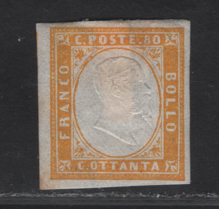 Lot 9 Sardinia SC#14 80c Orange Yellow Victor Emmanuel II, 1855-1863 Embossed Victor Emmanuel II Issue, A VFOG Imperf Single, 4 Clear To Large Margins