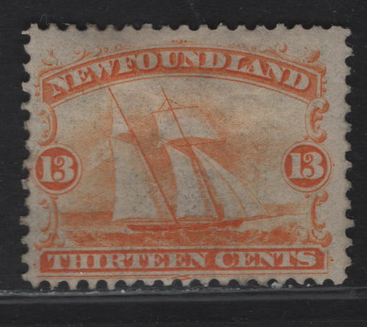 Lot 10 (C) Newfoundland #30 13c Orange Ship, 1865-1894 Cents Issue, A FOG Single, Paper Cents-V, Perf 12x11.75, Only Traces Of OG Are Present.
