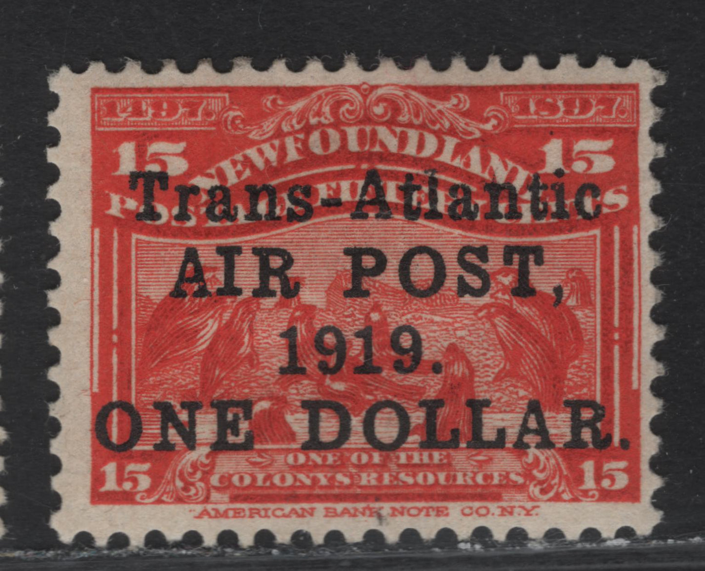 Lot 110 (C) Newfoundland #C2 $1 on 15c Scarlet Seals, 1919 Airmail Issue, A FOG Single, Perf 12