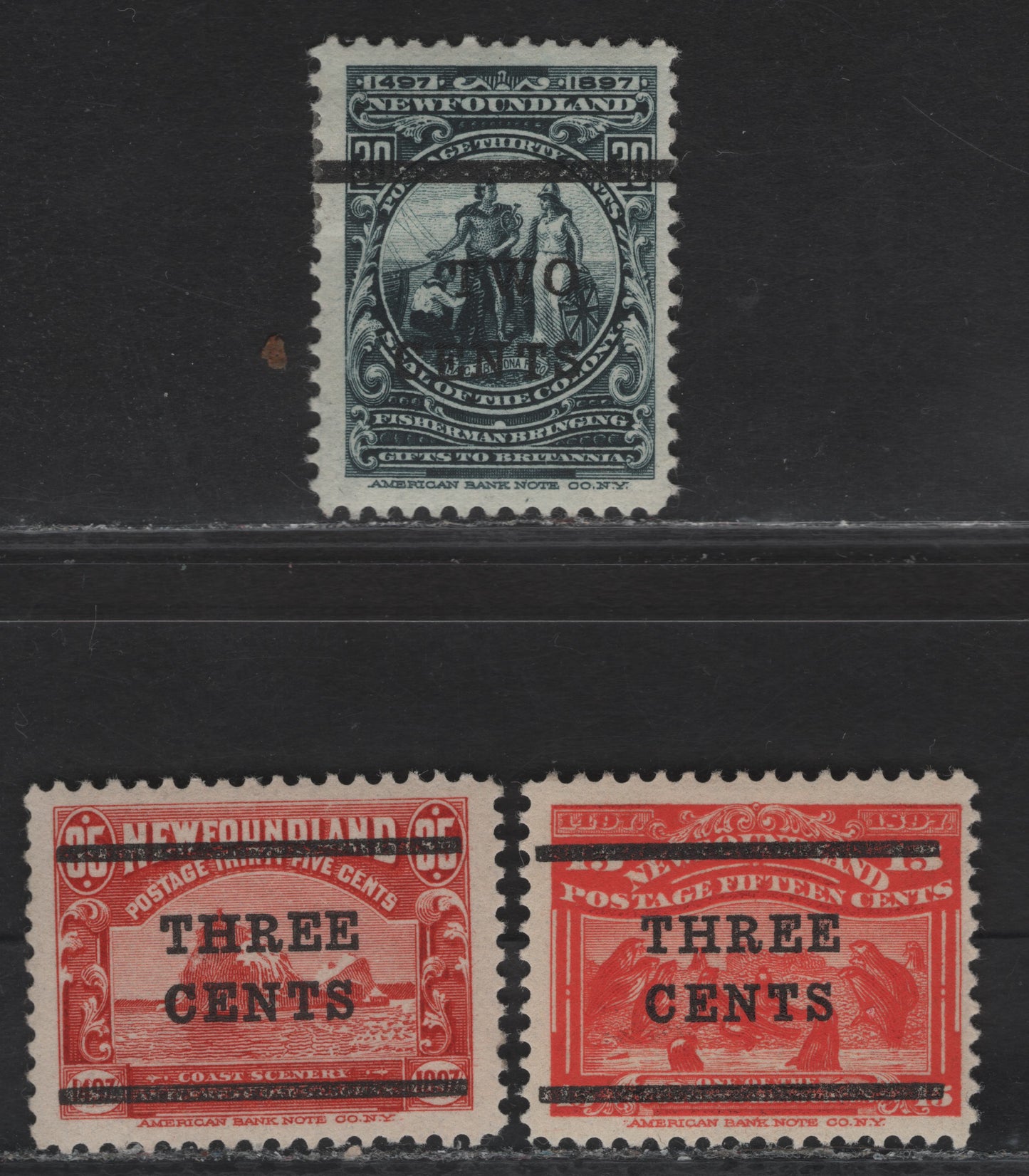Lot 111 (C) Newfoundland #127, 129-130 2c on 30c - 3c on 35c Slate - Red Colony Seal - Iceberg, 1920 Surcharge Issue, 3 VFOG Singles