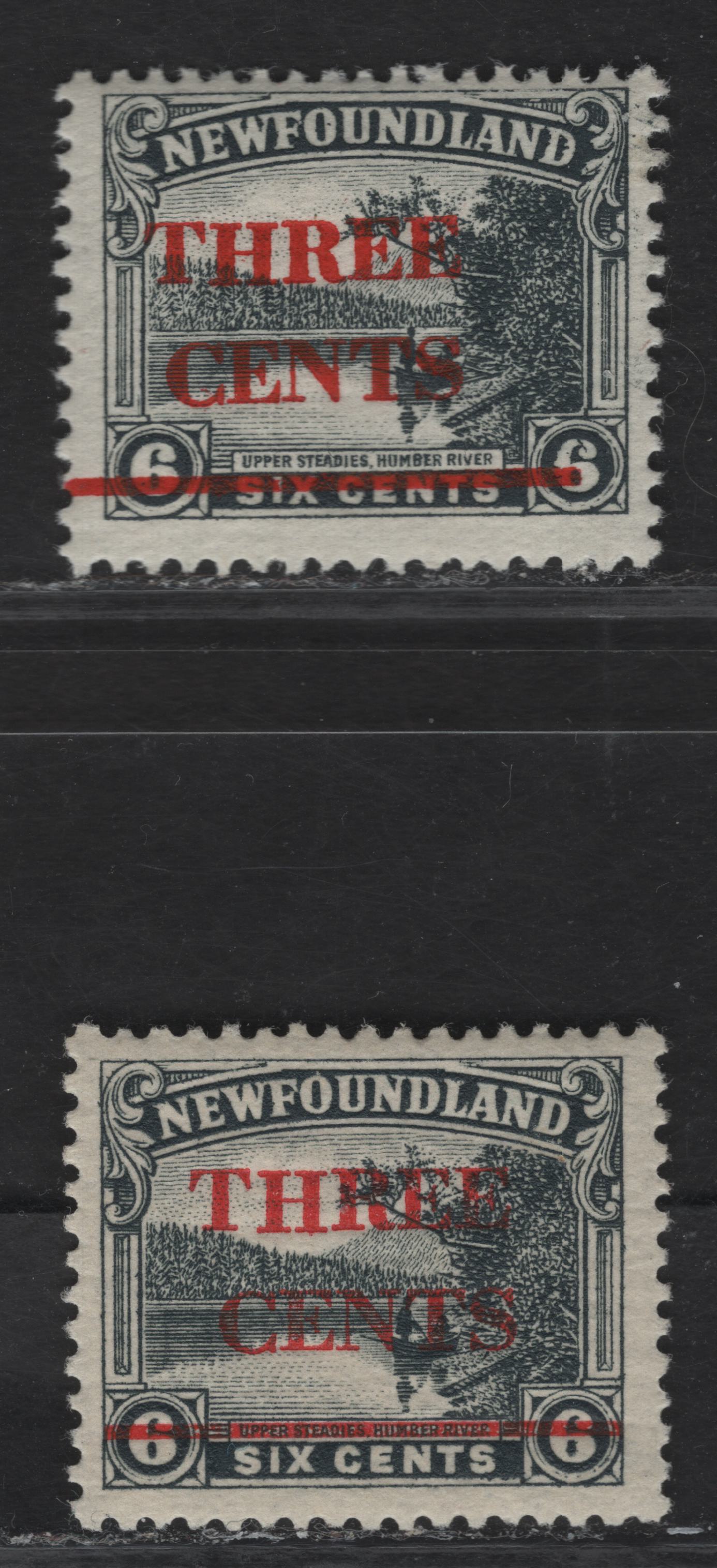 Lot 114 (C) Newfoundland #160 3c on 6c Gray Humber River, 1929 Surcharged Issue, 2 FNH Singles, Two Shades Of Red Ink, One Being A Much Darker Carmine, Both On Paper WM-J, Comb Perf 14x13.8.