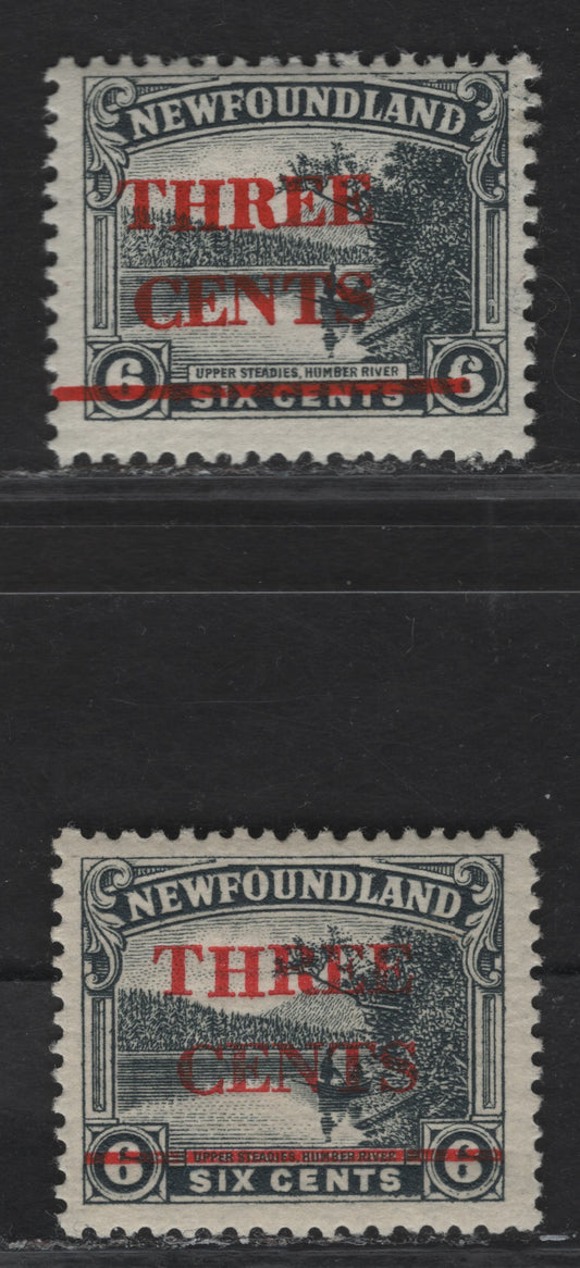 Lot 114 (C) Newfoundland #160 3c on 6c Gray Humber River, 1929 Surcharged Issue, 2 FNH Singles, Two Shades Of Red Ink, One Being A Much Darker Carmine, Both On Paper WM-J, Comb Perf 14x13.8.
