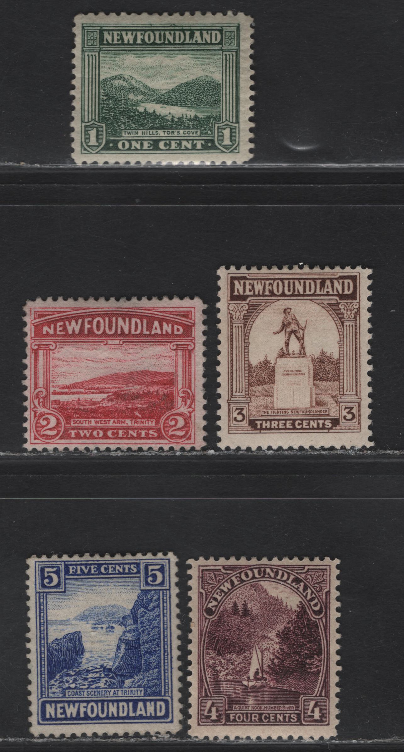 Lot 116 (C) Newfoundland #131-135 1c - 5c Bottle Green - Ultramarine Twin Hills - Coast of Trinity, 1923-1924 Pictorial Issue, 5 F/VFOG & Unused Singles, Papers WM-F & WM-M, Various Perfs
